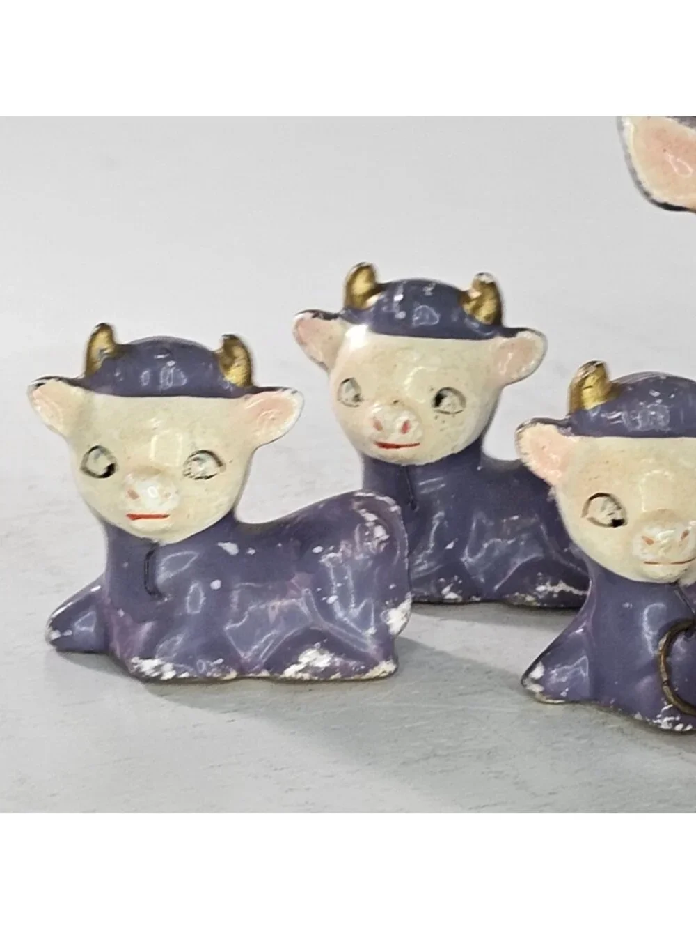 Miniature Purple Cow Calves Lot Vintage Japan 1950 Ceramic 7 Piece Lot Kitschy